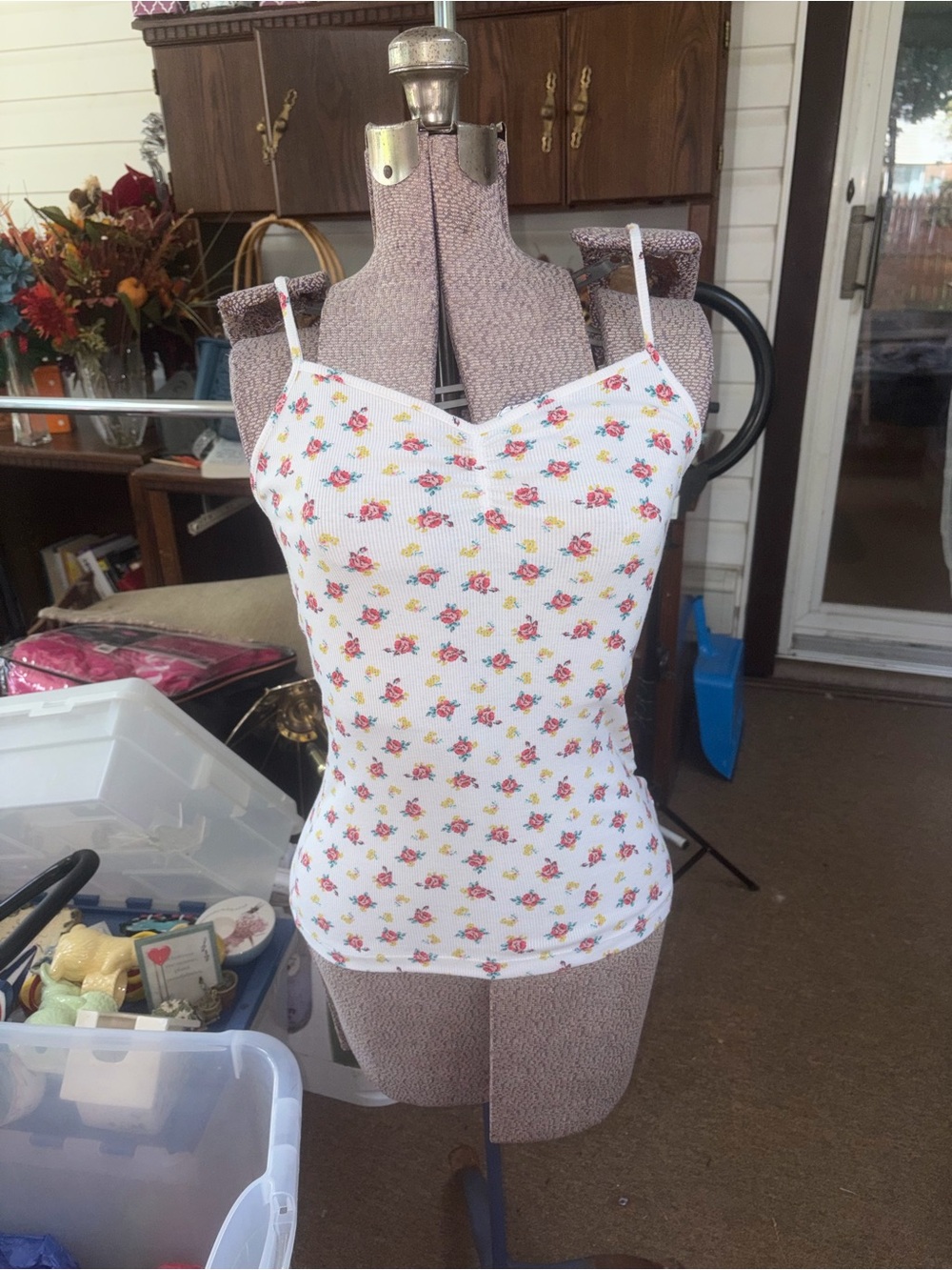 No Boundaries White Floral Ribbed Cami with Pink and Yellow Roses